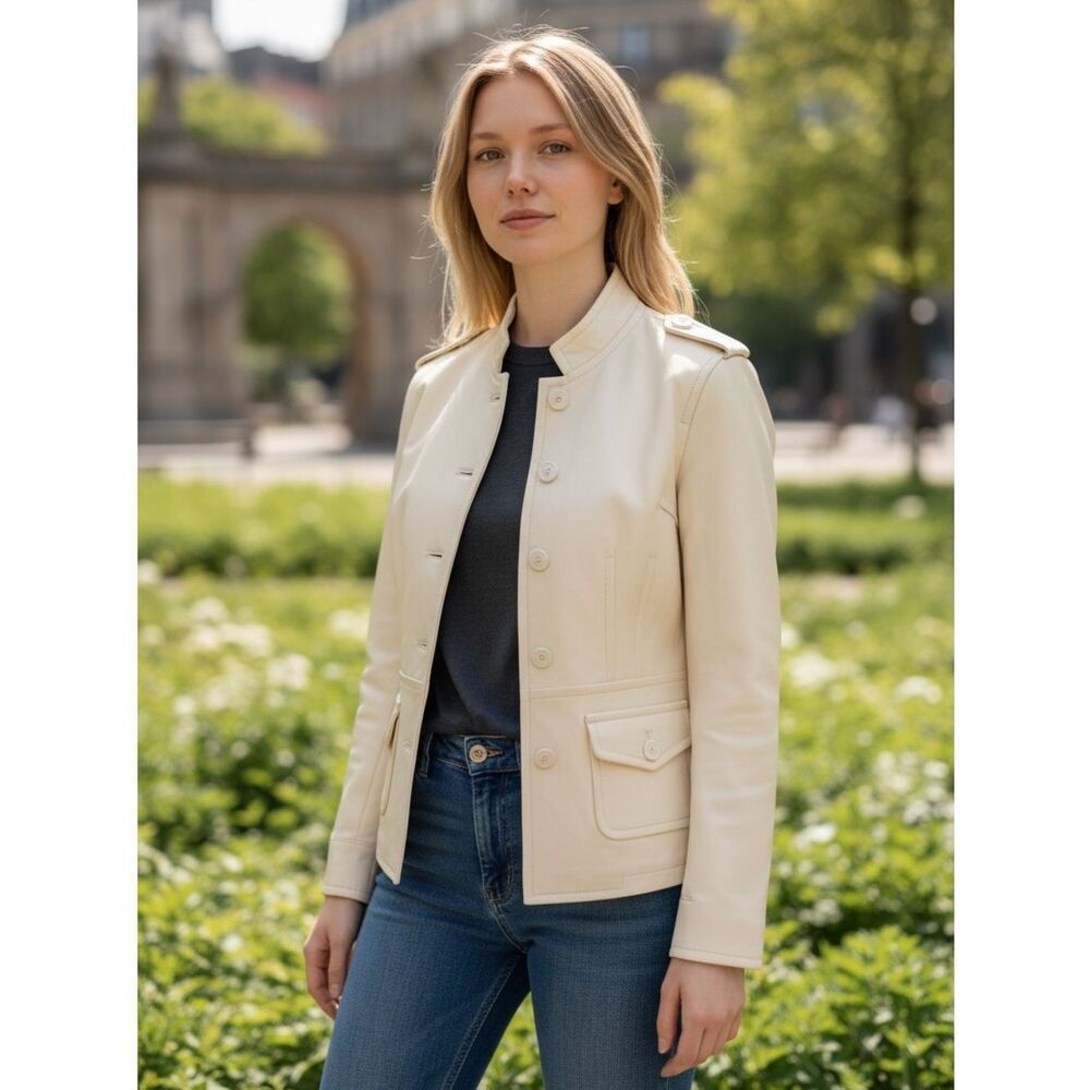 D2K Leather Cream Women's Casual Button-Front Jacket Size Medium
